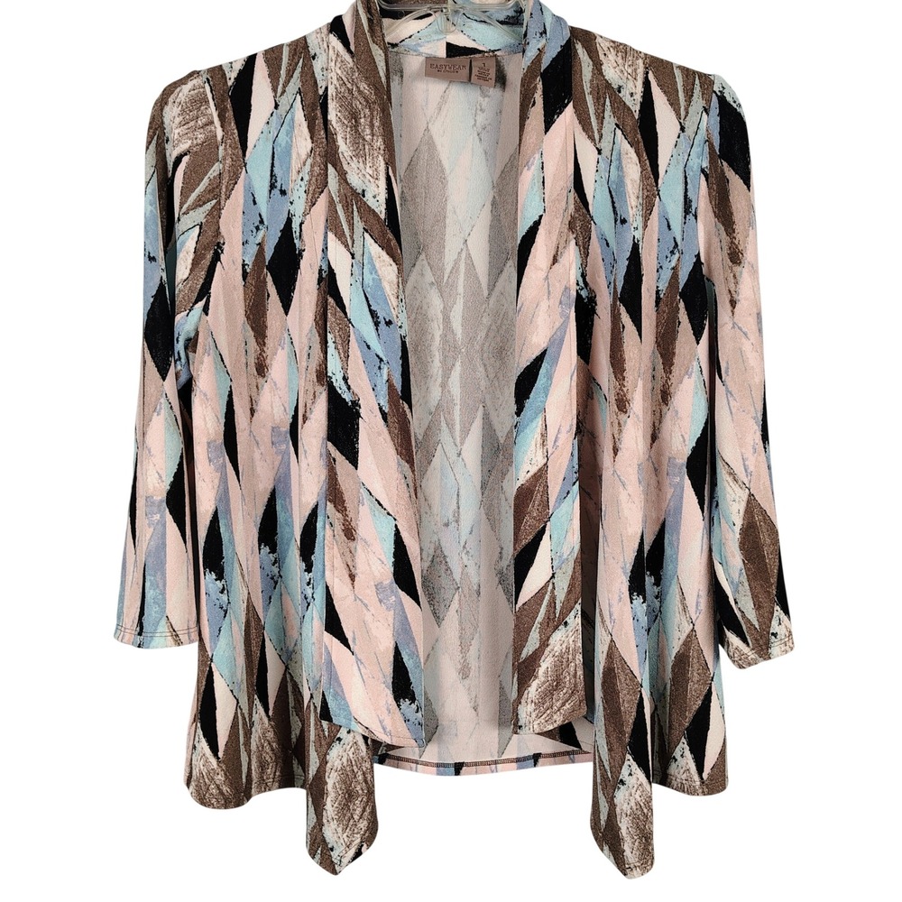 Chico's Womens SZ 1 Easywear Geometric Diamond Open Front Cardigan Multicolor